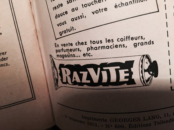 J'aime bien aussi cette publicité pour le "Razvite" "Rasé 2 fois plus vite" #Madeleineproject https://t.co/DInMTq1Sfp